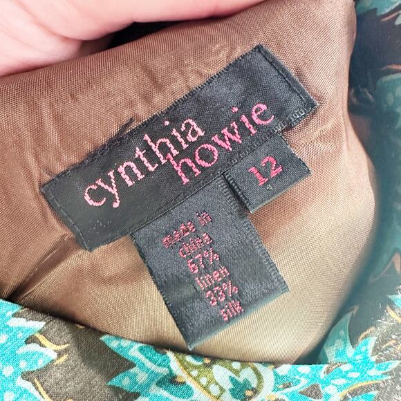 Cynthia Howie Satin Ornate Floral Sheath Dress Women's Size 12 linen/silk - Picture 12 of 13